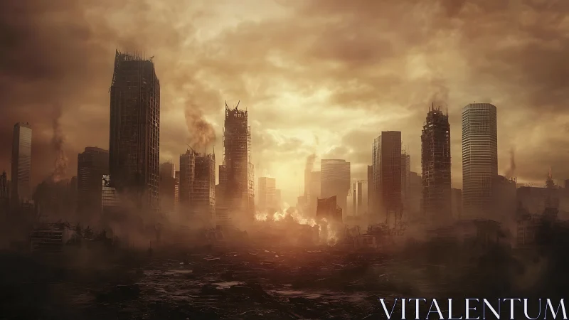 Post-apocalyptic city skyline in heavy smoke and ruins.