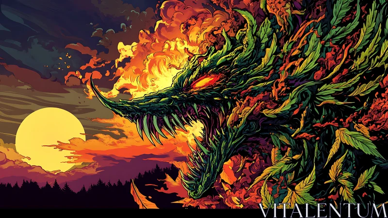 Vegetal dragon head silhouette overlays dusk sun and forest
