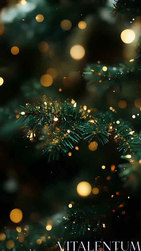 Selective focus captures evergreen needles with warm bokeh lights