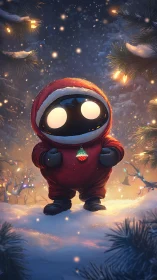 Cute holiday robot in red snowsuit under glowing snowfall.