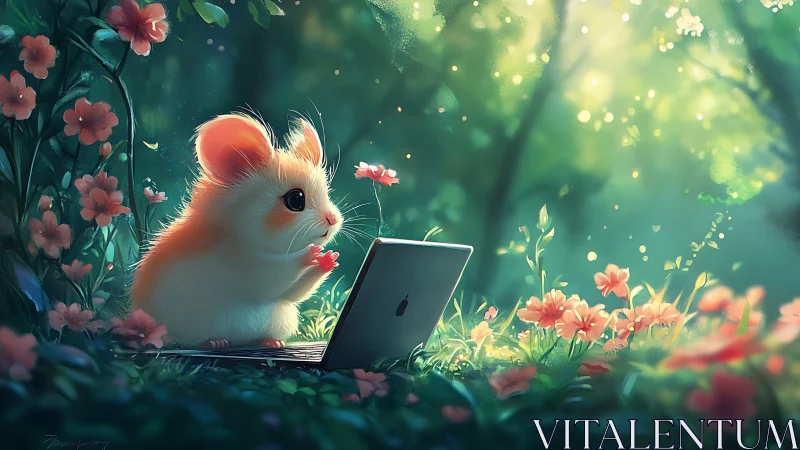 Forest mouse codes beside glowing laptop in wildflowers.