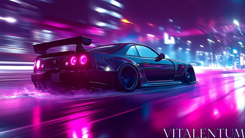 Neon city streets glow as a sleek sports car races into night