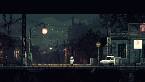 Solitary robot waits on neon street in moody pixel dusk