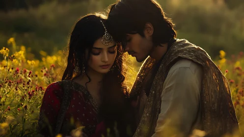 South Asian Couple Golden Hour Portrait with Ornate Textiles