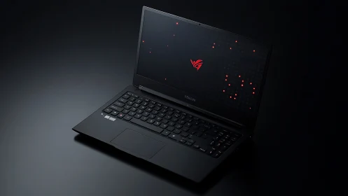 Black laptop computer on dark surface with illuminated screen.