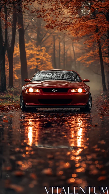 Autumn road glow with a red car and golden forest reflections.