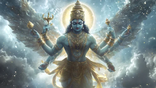 Celestial multi-armed deity amid radiant storm clouds.