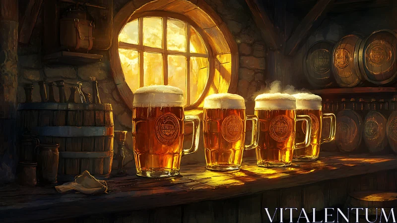 Golden lager tankards glowing in rustic tavern light.
