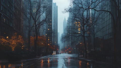 Moody rainy city street glows with autumn lights at dusk