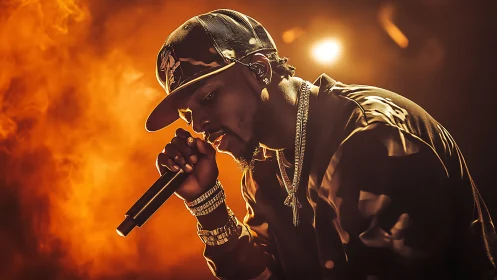 Hip hop performer raps onstage in dramatic orange haze.