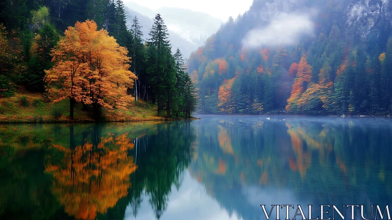 Mountain lake reflects dense autumn forest and mist