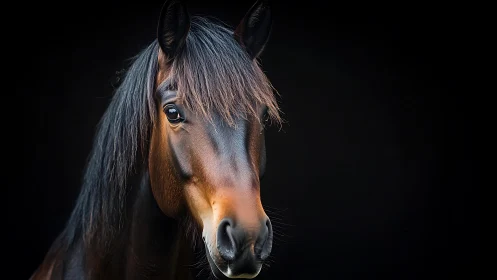 Horse head portrait is isolated against uniform black background