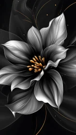 Monochrome floral render shows stylized petals in dark space