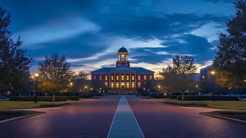 Symmetrical campus building with illuminated cupola at dusk