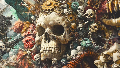 Colossal biomech skull throne amid dense skeletal machinery.