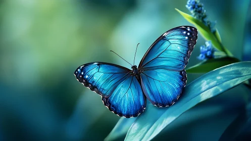 Blue butterfly resting on leaf in soft natural light.