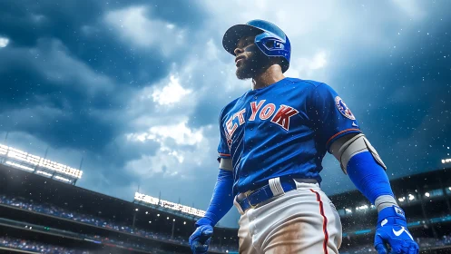 Storm-lit ballpark hero strides through electric game moment.