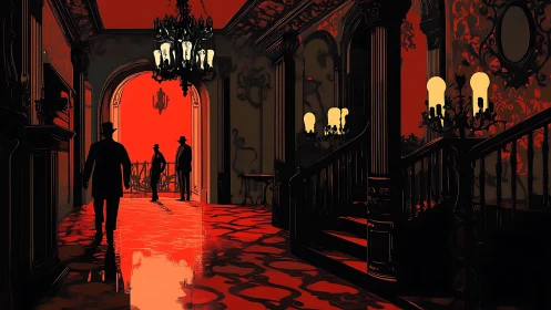 Noir silhouettes cross a crimson-lit baroque mansion corridor