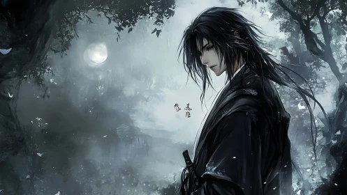 Silent swordsman pauses beneath a misty moonlit forest