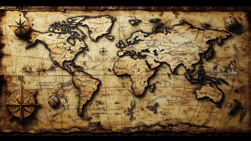 Weathered world map with ornate compass roses on parchment.