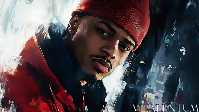 Urban portrait painting with red beanie and jacket focus.