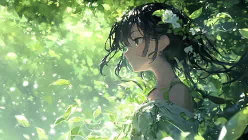 Forestborne girl drifting through luminous summer leaves.