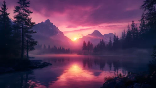 Violet dawn whispers over misty pines and glassy lake.