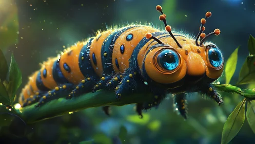 Whimsical macro caterpillar with luminous blue eyes on leaf.