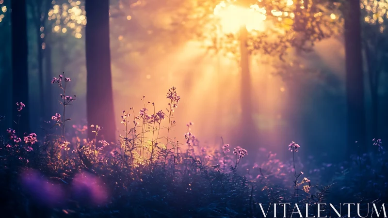Dawnlit violet wildflowers drinking secrets from forest fog.