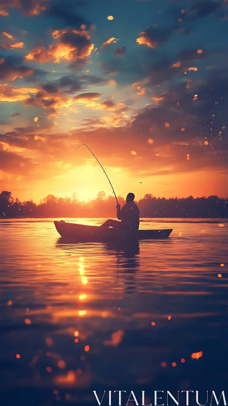 Sunset lake fisherman silhouettes against glowing horizon.