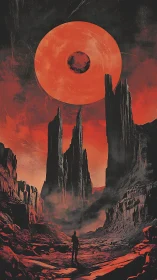 Colossal red halo above lone wanderer in alien canyon.