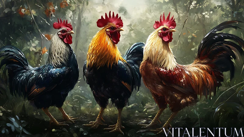 Three Roosters in Misty Forest Setting