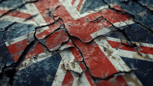 Fragmented Union Jack with distressed cracked surface texture.