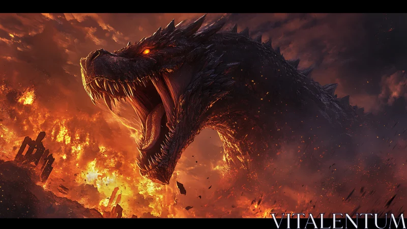 Gigantic fire-breathing dragon amid burning ruins.