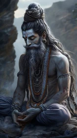 Mystic ascetic in mountains immersed in meditative stillness.