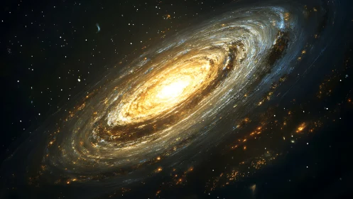 Spiral galaxy with luminous core and scattered star field.