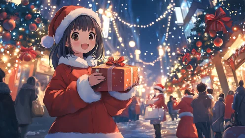 Smiling girl holds Christmas gift on glowing city street