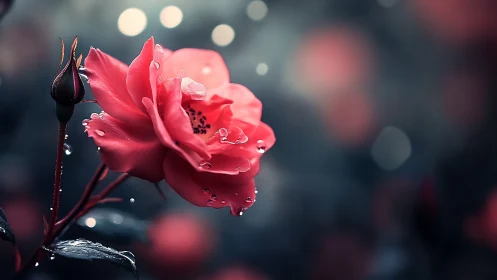 Crimson Bloom Weeping Rain-Jeweled Petals Against Twilight.