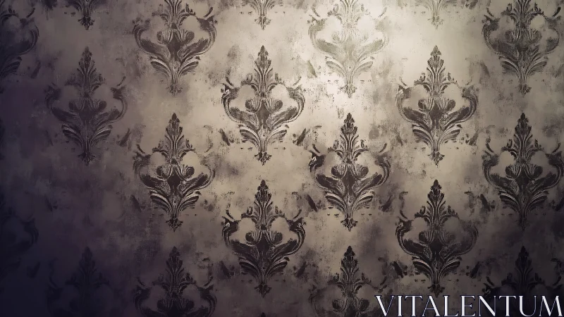 Vintage damask wallpaper with worn textured surface.