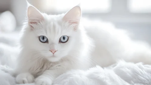 White cat with blue eyes resting on white textile surface