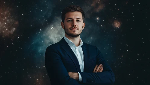 Confident businessman stands against deep cosmic starfield backdrop