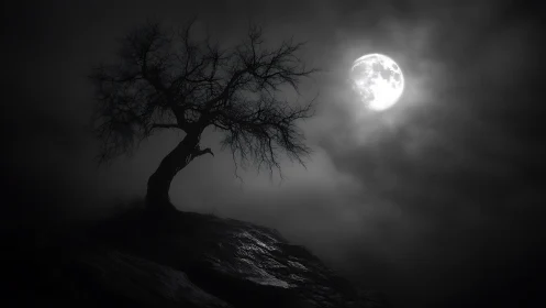 Silent moonlit tree leans over a misty, windswept hillside