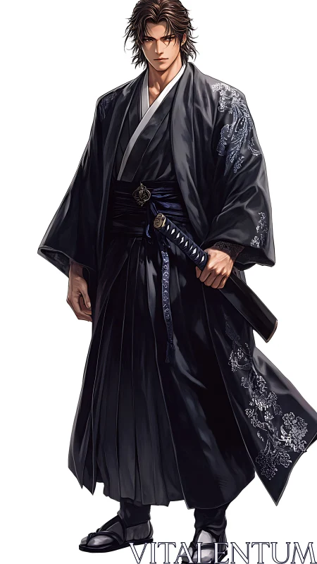 Male swordsman in black kimono holding sheathed katana.