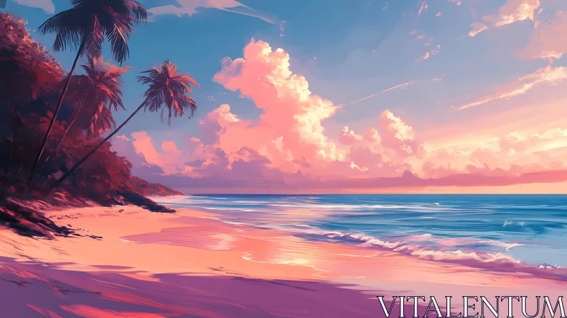Tropical shoreline glows beneath a radiant pastel sunset.