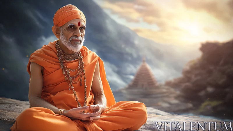 Serene orange-robed monk meditating before distant temple.