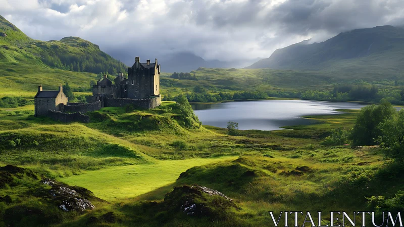 Medieval stone castle overlooks tranquil loch and green valley.