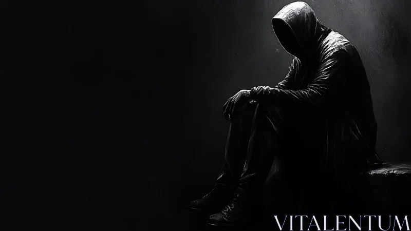 Hooded figure sits in shadowed corner under stark side light