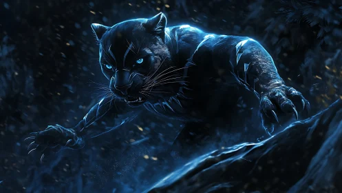 Neon-illuminated Black Panther rendered with volumetric particle effects in nocturnal environment