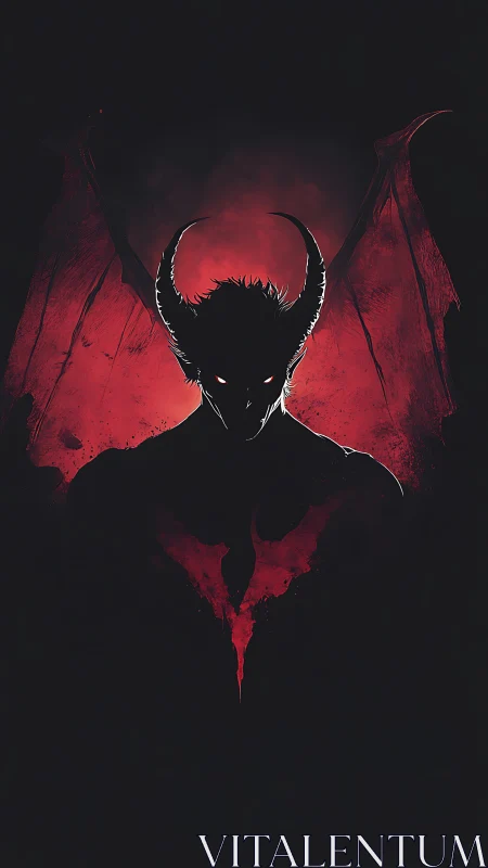 Horned demon silhouette stands before red wings in shadow