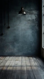 Moody loft interior with hanging lamp and worn wood floor.